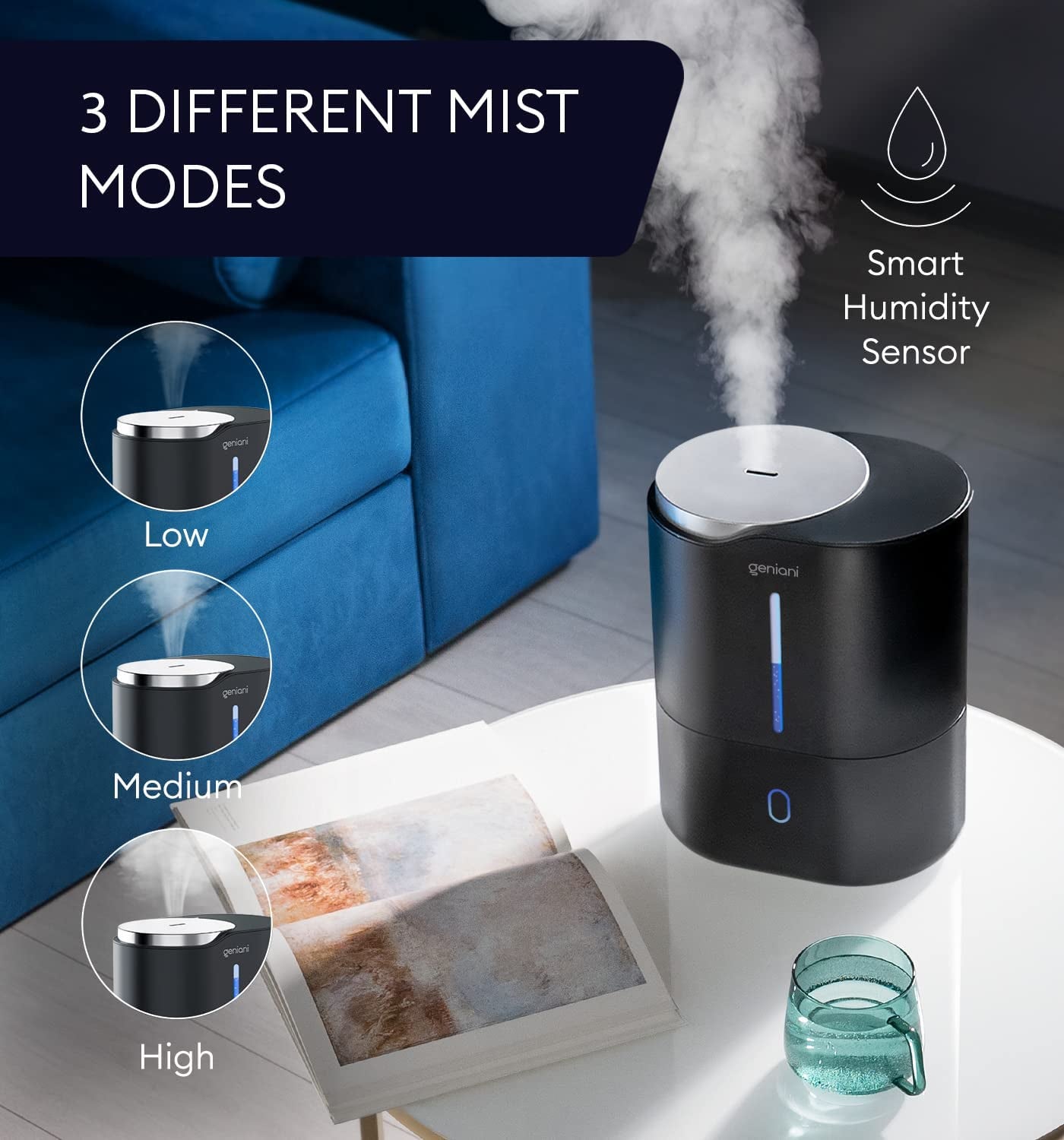 Smart Humidifier for Bedroom Large Room, Top Fill Cool Mist Humidifiers 4L with Essential Oil Tray for Home, Baby, Plants, Quiet Air Humidifier Ultrasonic, Easy to Clean, Night Light (Black)