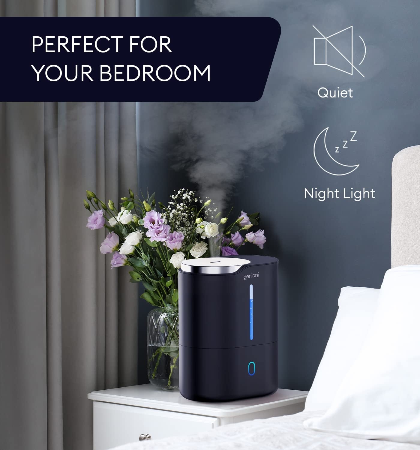 Smart Humidifier for Bedroom Large Room, Top Fill Cool Mist Humidifiers 4L with Essential Oil Tray for Home, Baby, Plants, Quiet Air Humidifier Ultrasonic, Easy to Clean, Night Light (Black)