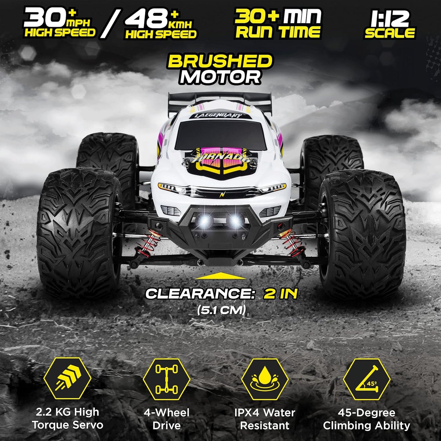 1:12 Scale Large RC Cars 48+ Kmh Speed - Remote Control Car 4X4 off Road Monster Truck Electric - All Terrain Waterproof Trucks for Adults - 2 Batteries + Connector for 30+ Min Play