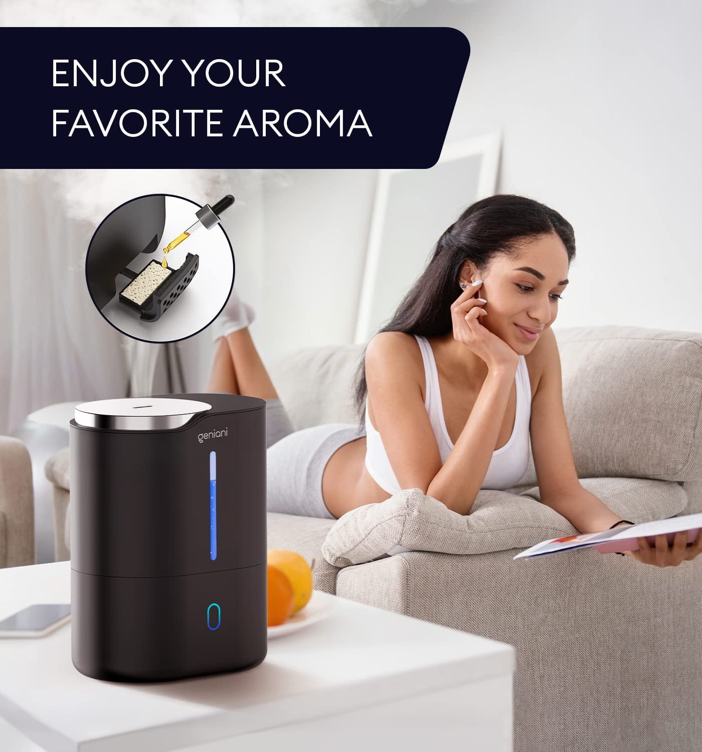 Smart Humidifier for Bedroom Large Room, Top Fill Cool Mist Humidifiers 4L with Essential Oil Tray for Home, Baby, Plants, Quiet Air Humidifier Ultrasonic, Easy to Clean, Night Light (Black)