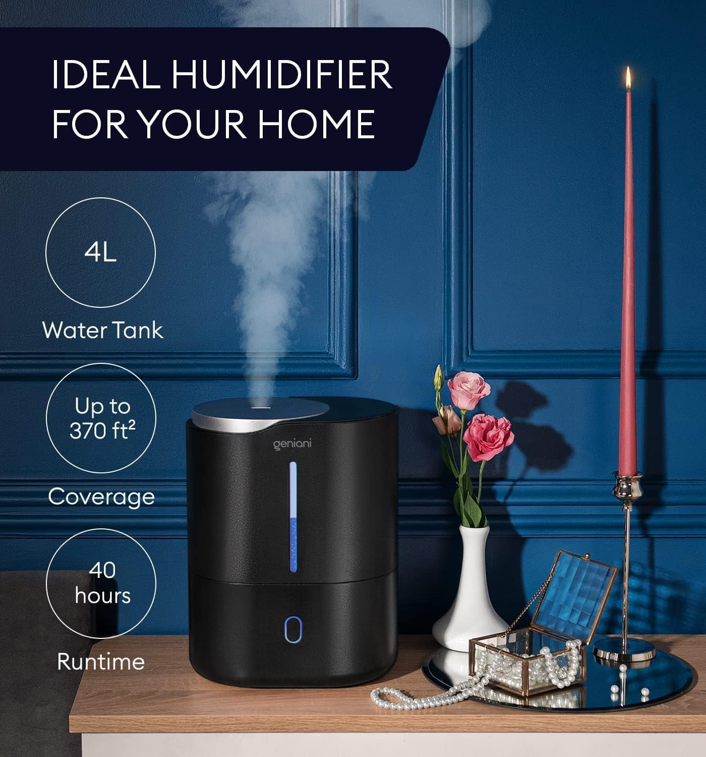 Smart Humidifier for Bedroom Large Room, Top Fill Cool Mist Humidifiers 4L with Essential Oil Tray for Home, Baby, Plants, Quiet Air Humidifier Ultrasonic, Easy to Clean, Night Light (Black)