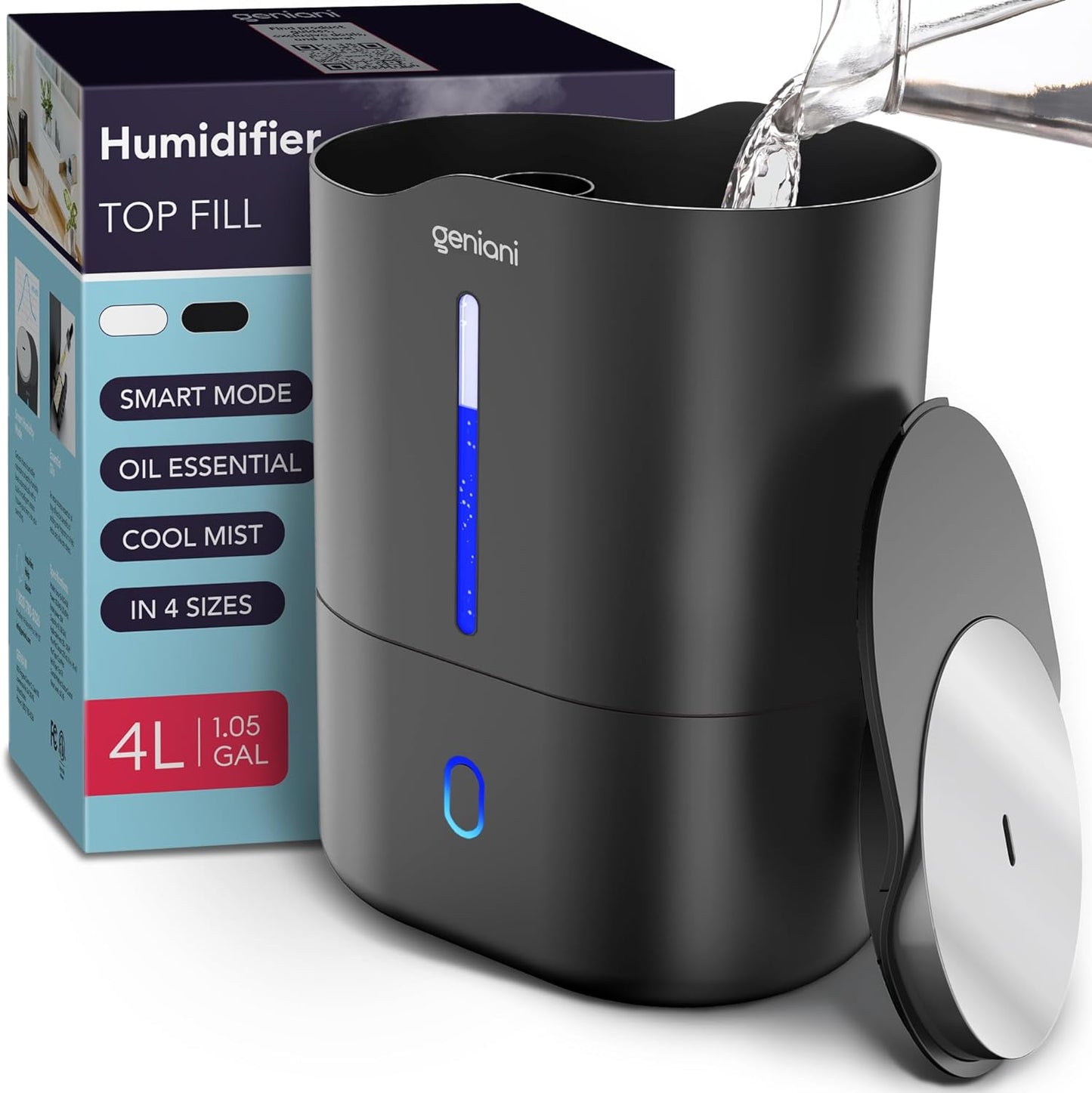 Smart Humidifier for Bedroom Large Room, Top Fill Cool Mist Humidifiers 4L with Essential Oil Tray for Home, Baby, Plants, Quiet Air Humidifier Ultrasonic, Easy to Clean, Night Light (Black)